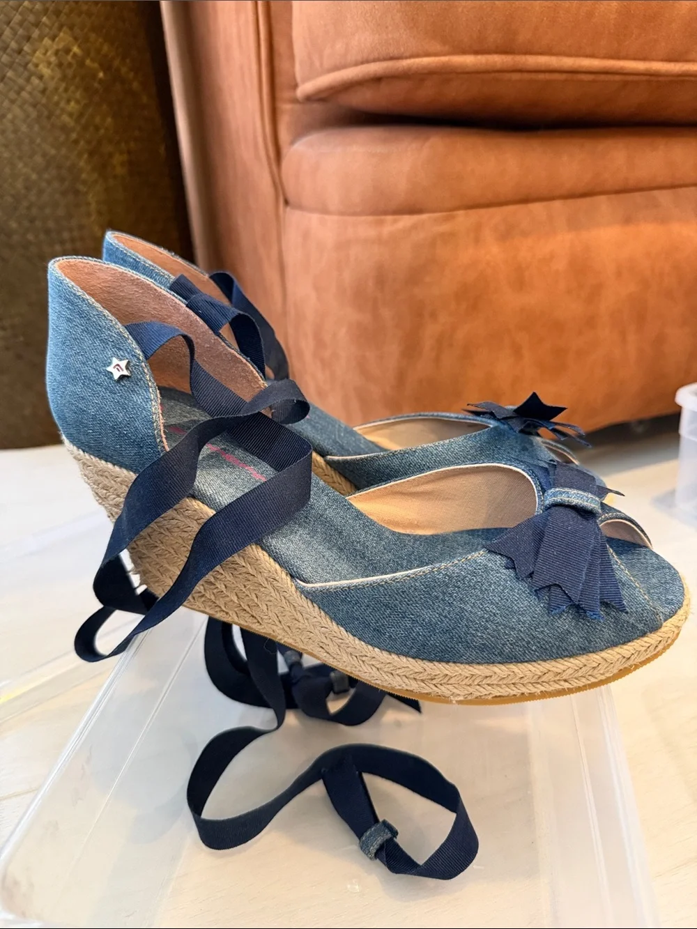 Denim Espadrille Wedge Sandals with Navy Ribbon Detail